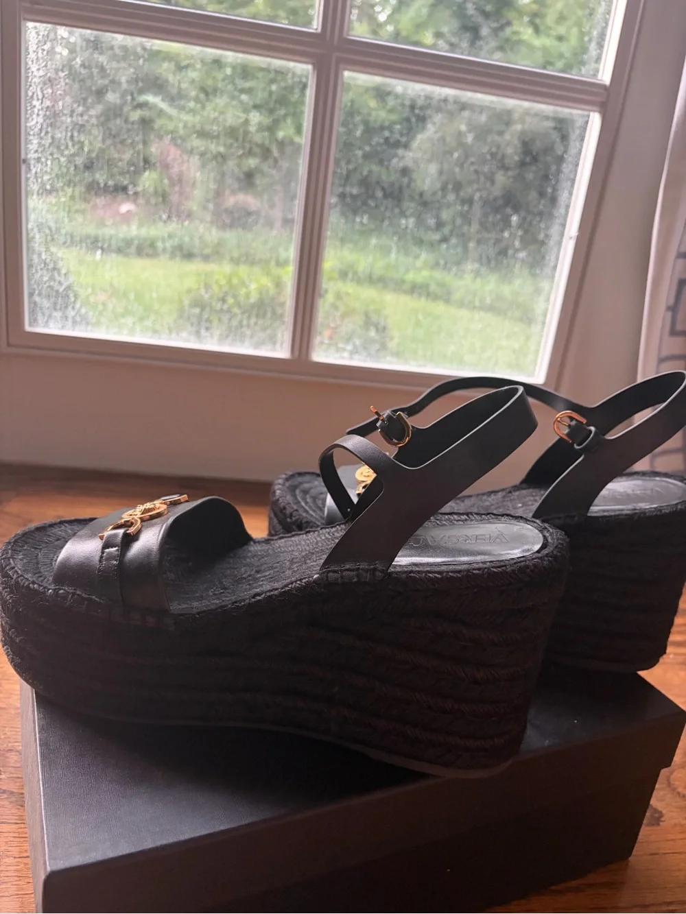 Versace Black Platform Espadrille Sandals with Gold Medusa Medallion Accent